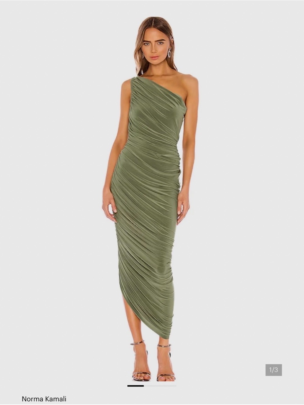 NORMA KAMALI X Revolve Olive Green Diana Draped-Rushed One Shoulder Midi-Dress